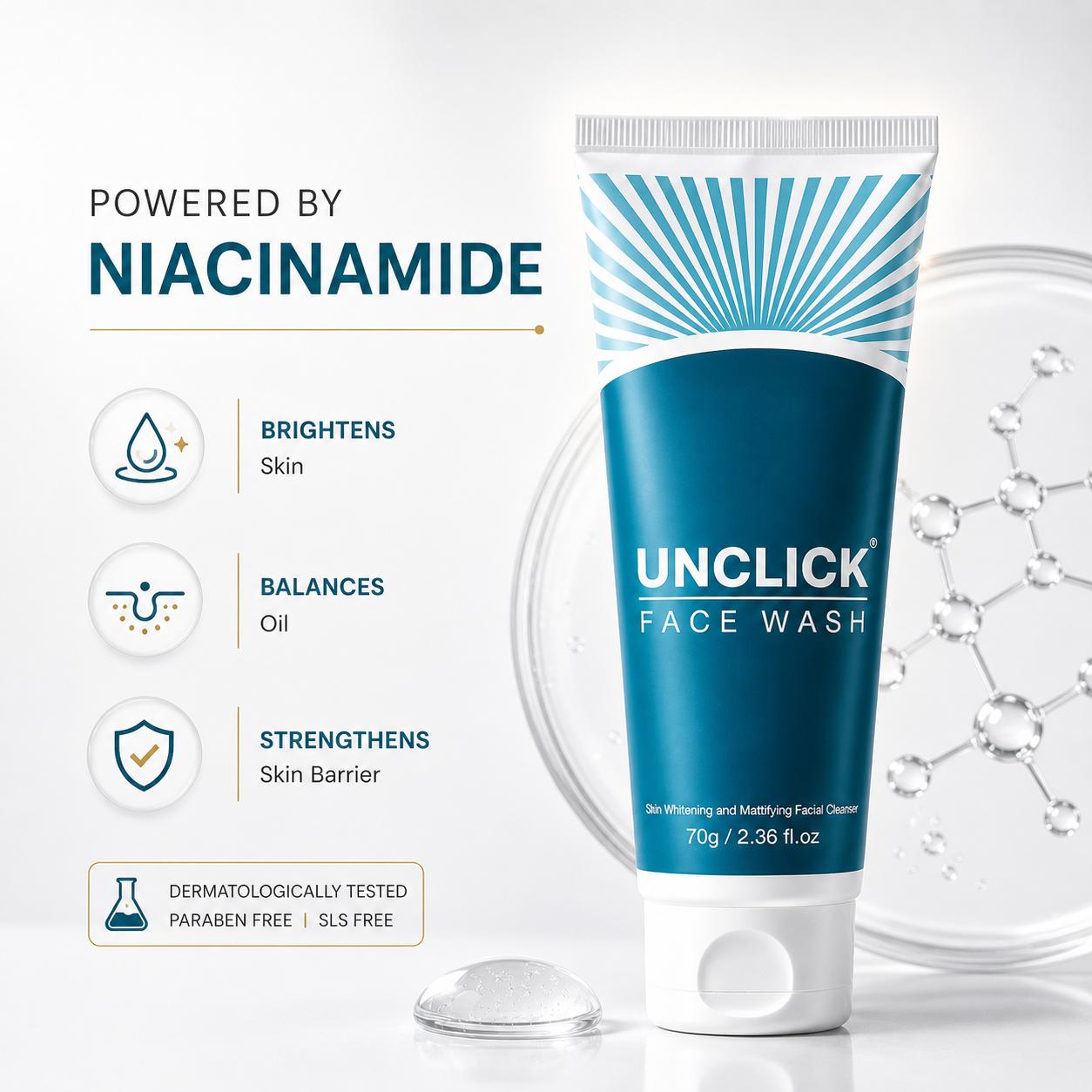 UNCLICK Niacinamide Brightening Facewash with Salicylic & Kojic Acid, 70 g